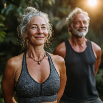 Група възрастни хора правят водни упражнения